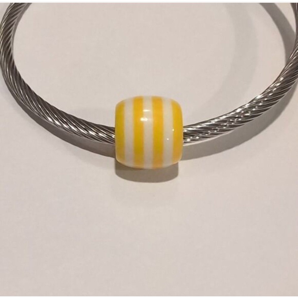 Yellow and White Striped Glass Barrel Charm Bead‎ for Modular Bracelets